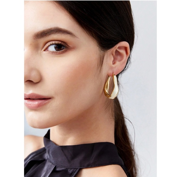 Yellow Gold Tone Irregular Shape Hoops Off White Filling - Picture 2 of 8